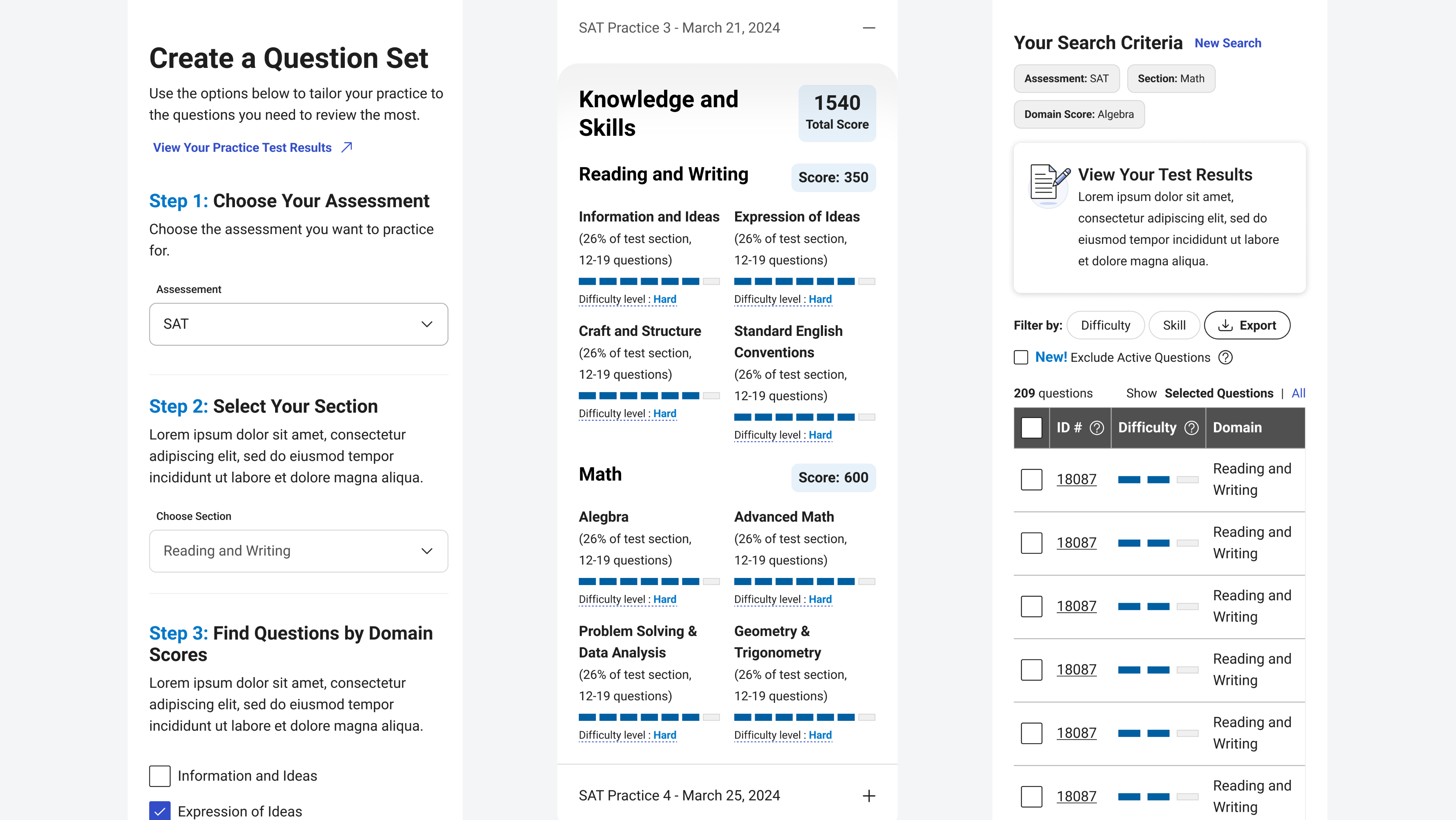 screen shots from knowledge and skills domain mobile views