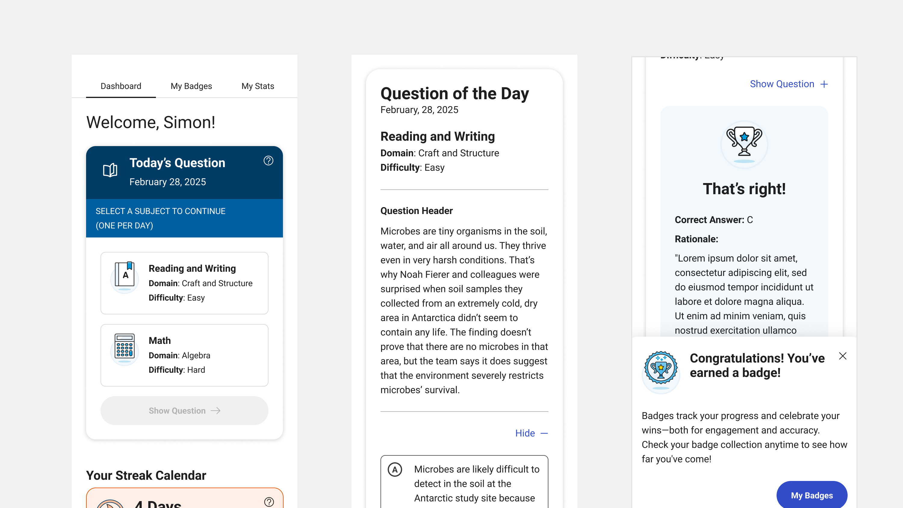 dashboard view of question of the day mobile app